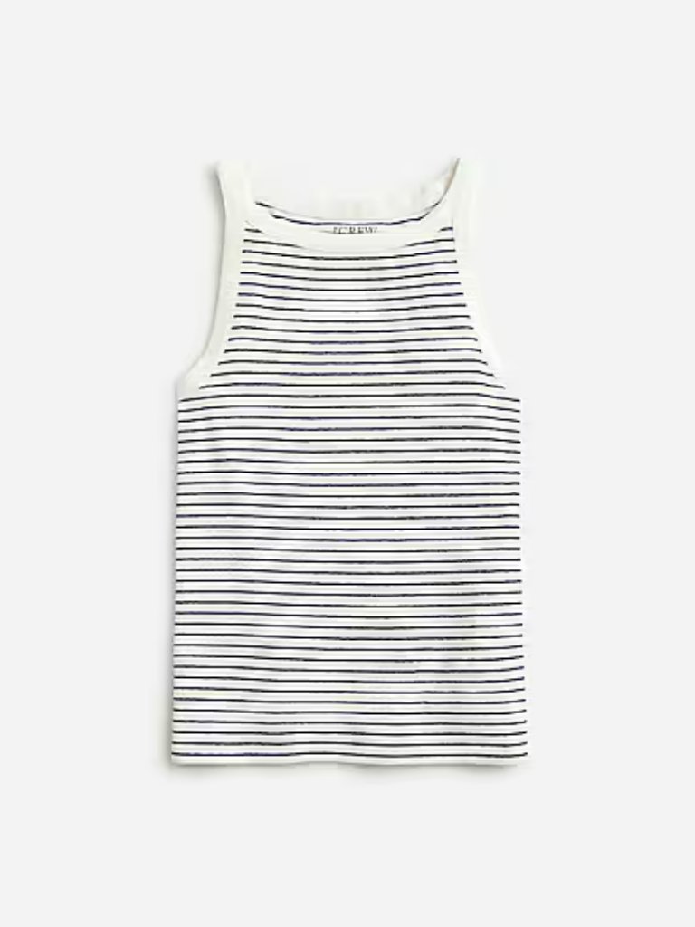 J.Crew High Neck Tank Top Shirt Striped Stretch Linen Blend Navy White Xl